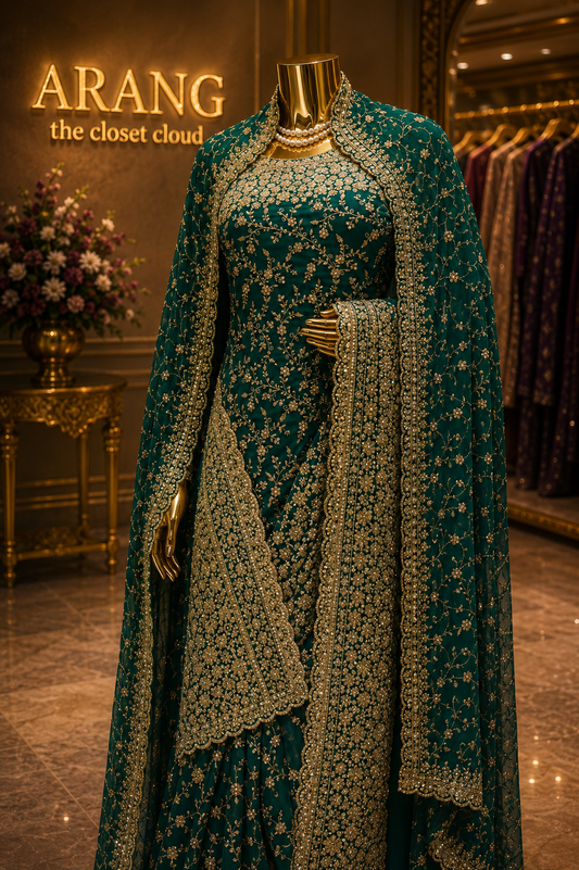 "The Persian Green" Premium Designer Saree with Veil