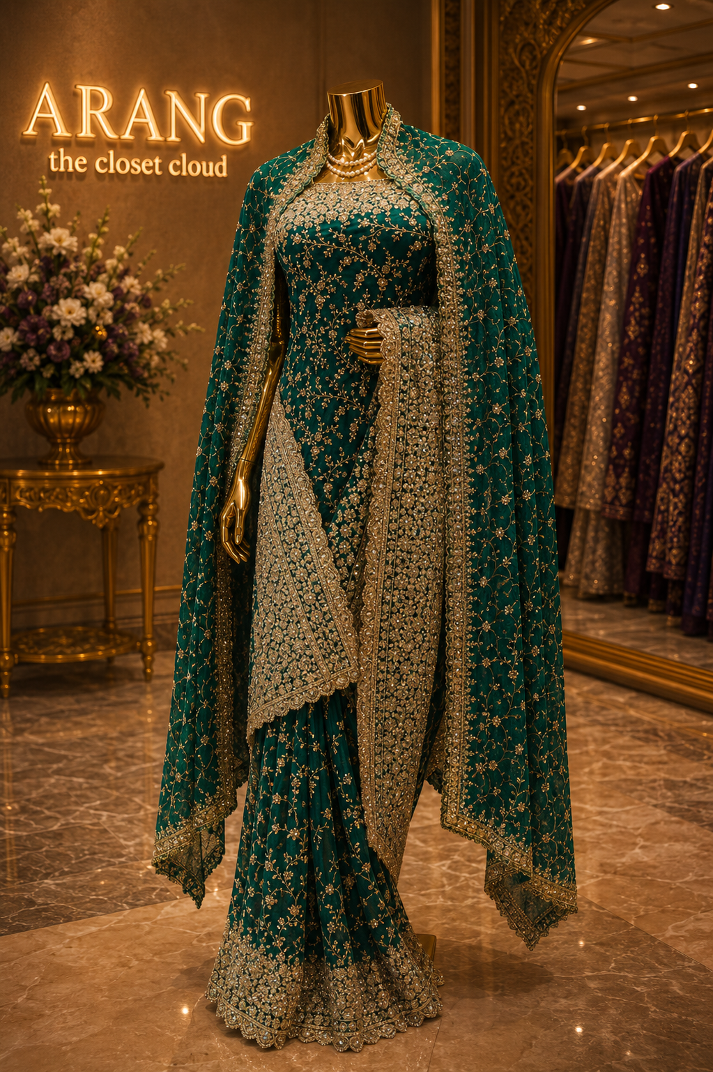 "The Persian Green" Premium Designer Saree with Veil