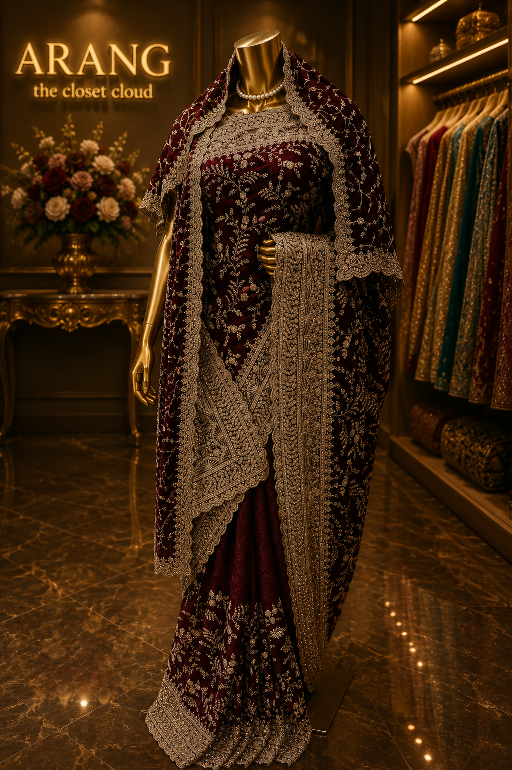 "The Royal Deep Wine" Designer Saree with Veil