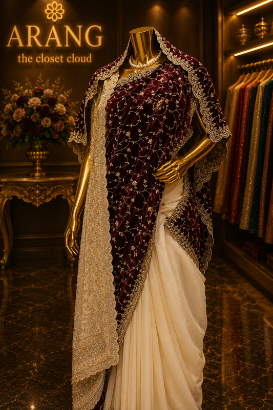 “The True White Duet” Premium Designer Saree With Veil