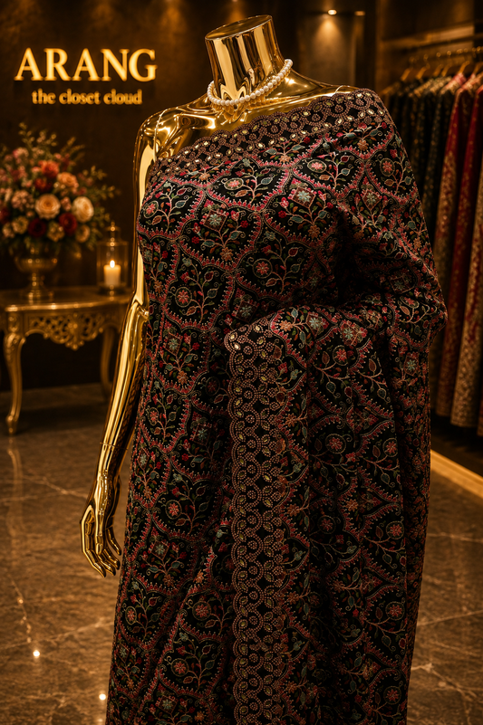 "The Pure Jet Black" Kashmiri Designer Georgette Saree
