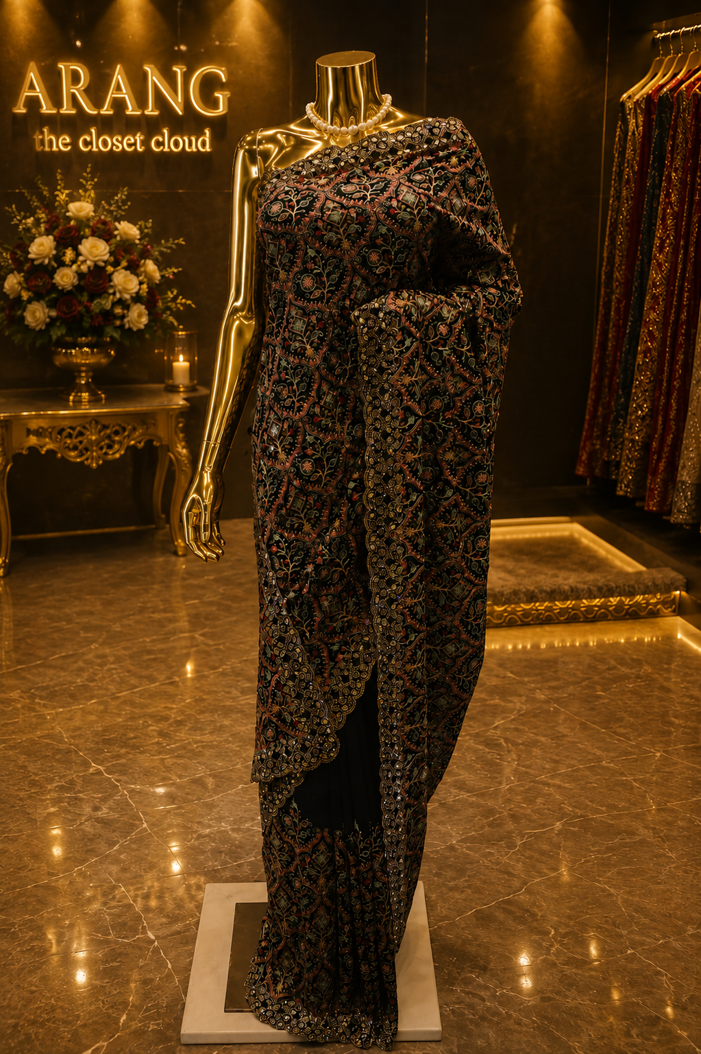 "The Pure Jet Black" Kashmiri Designer Georgette Saree