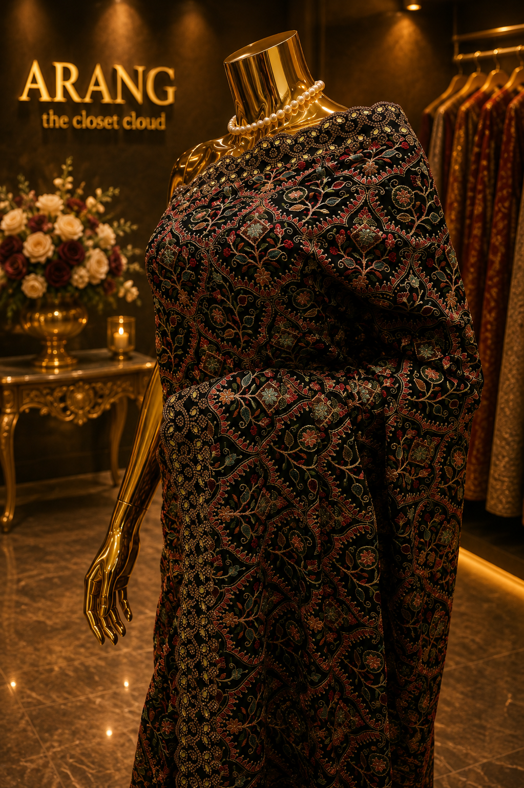 "The Pure Jet Black" Kashmiri Designer Georgette Saree