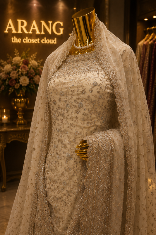 “The Ceramic White” Premium Designer Saree with Veil