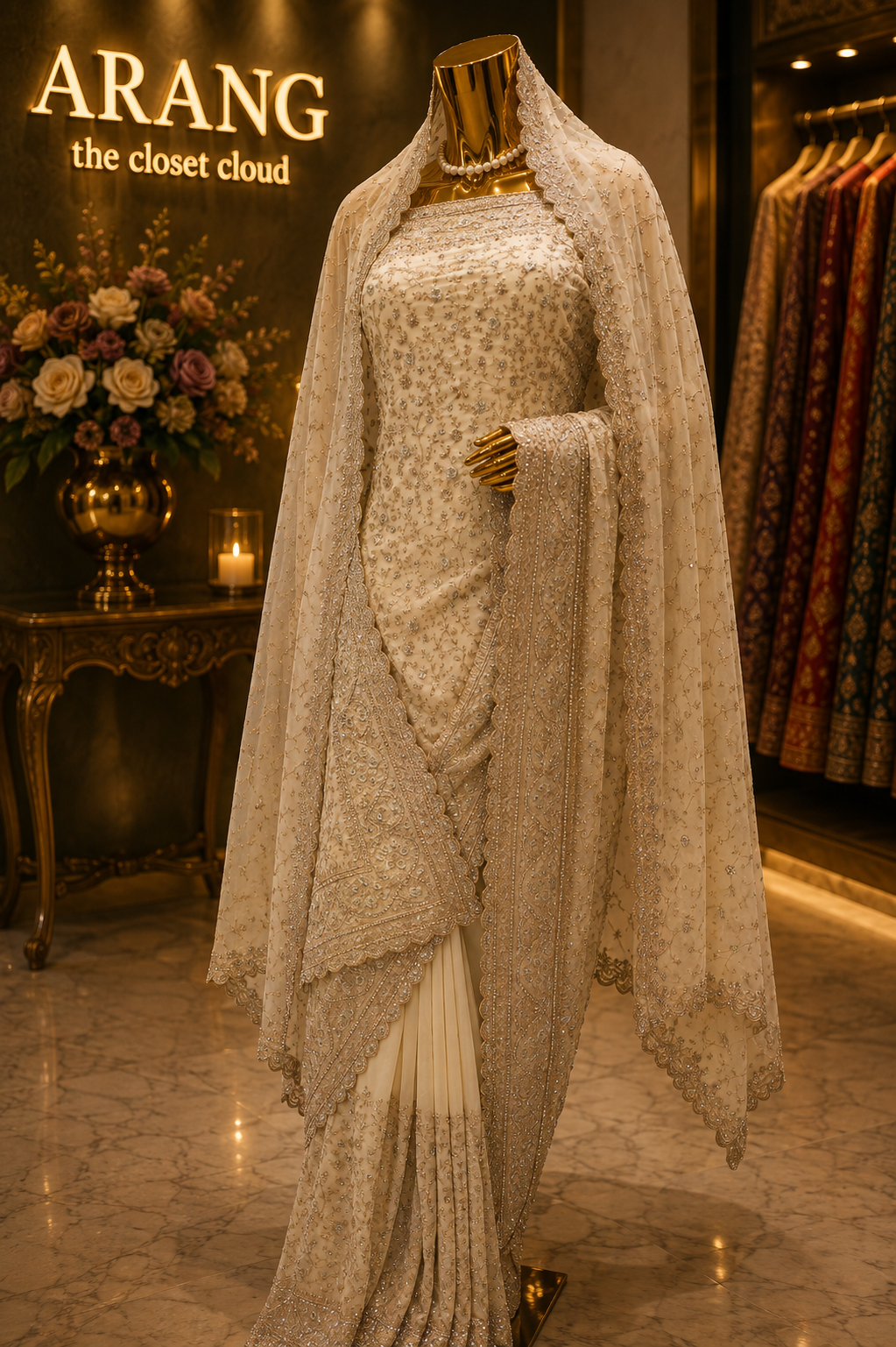 “The Ceramic White” Premium Designer Saree with Veil