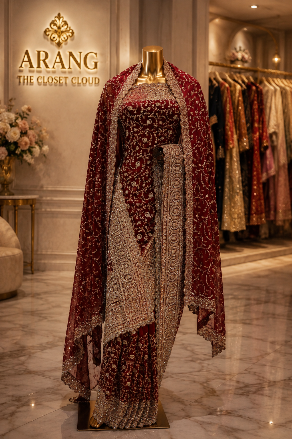 "The Dark Burgundy" Premium Bridal Saree with Veil