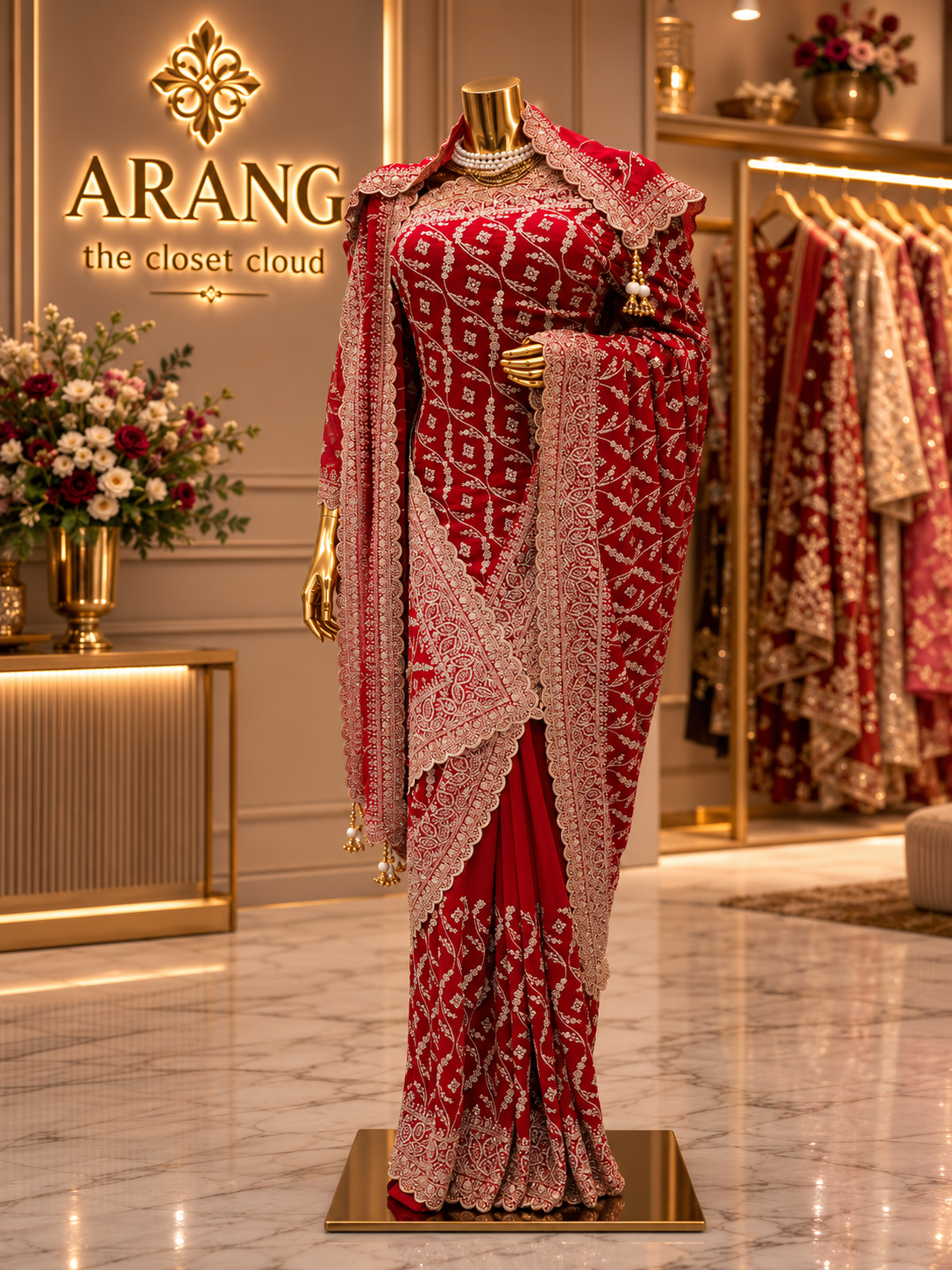 “The Exquisite Crimson Red” Premium Designer Bridal Saree with Veil