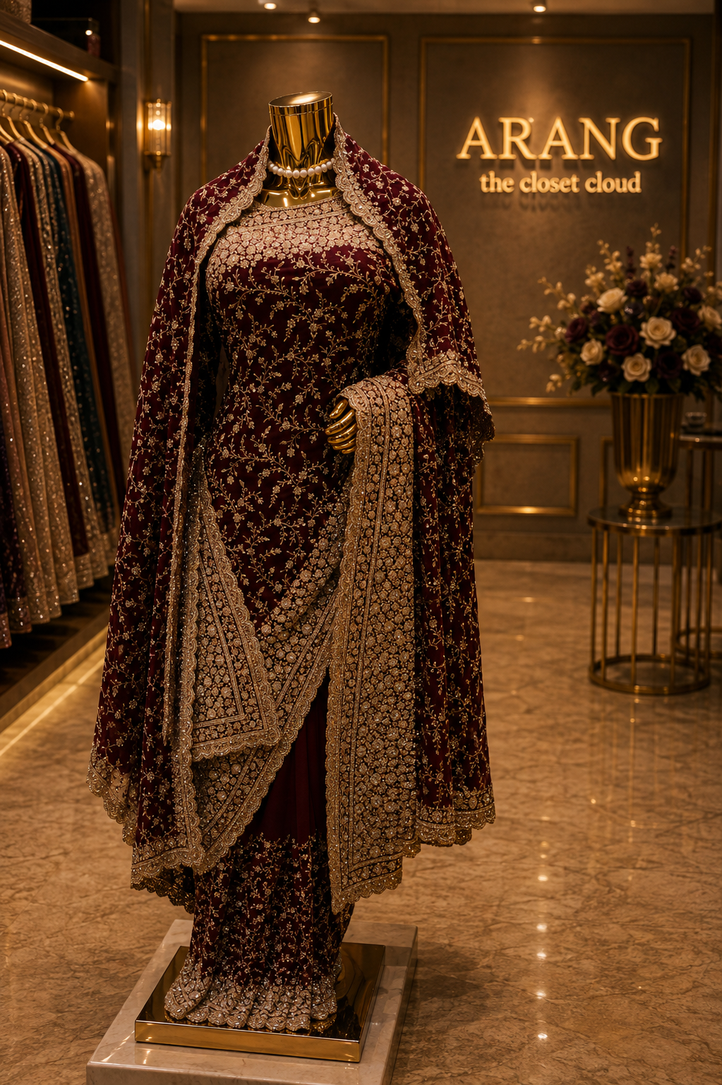 "The Bridal Burgundy" Premium Designer Saree with Veil