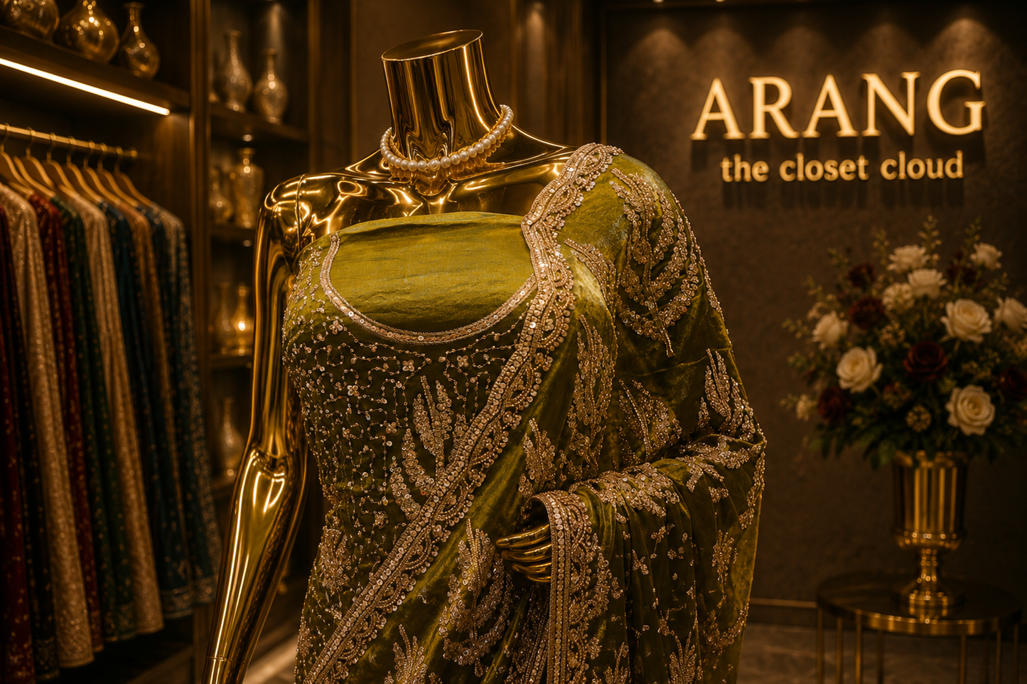 “The Luxurious Olive Green" Premium Designer Saree