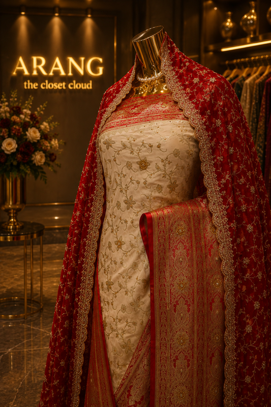 "The Pure Ivory & Crimson Red" Banarasi Silk Saree with Bridal Veil