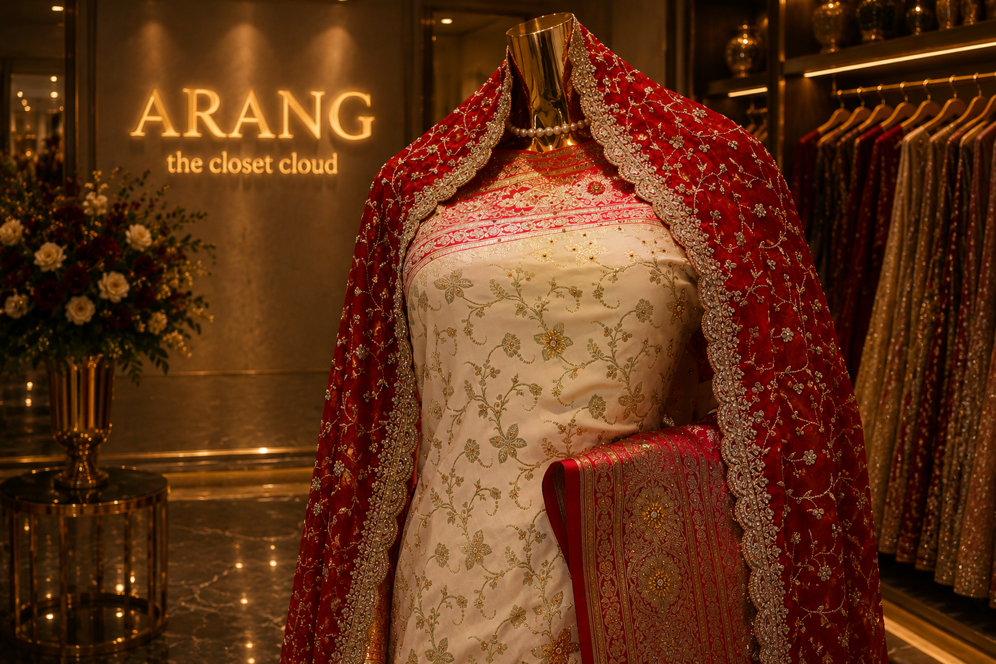 "The Pure Ivory & Crimson Red" Banarasi Silk Saree with Bridal Veil