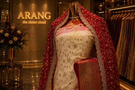 "The Pure Ivory & Crimson Red" Banarasi Silk Saree with Bridal Veil