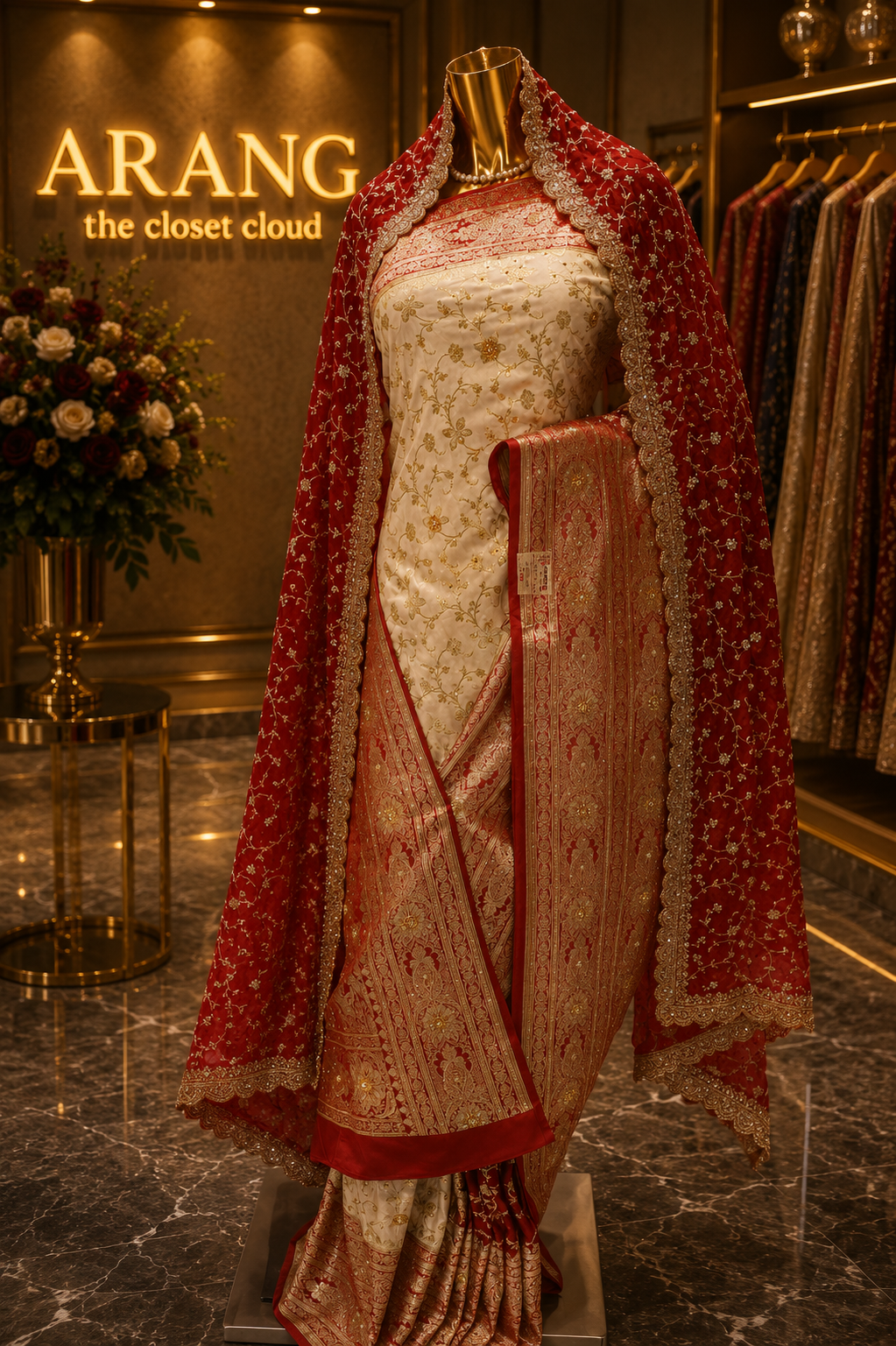 "The Pure Ivory & Crimson Red" Banarasi Silk Saree with Bridal Veil