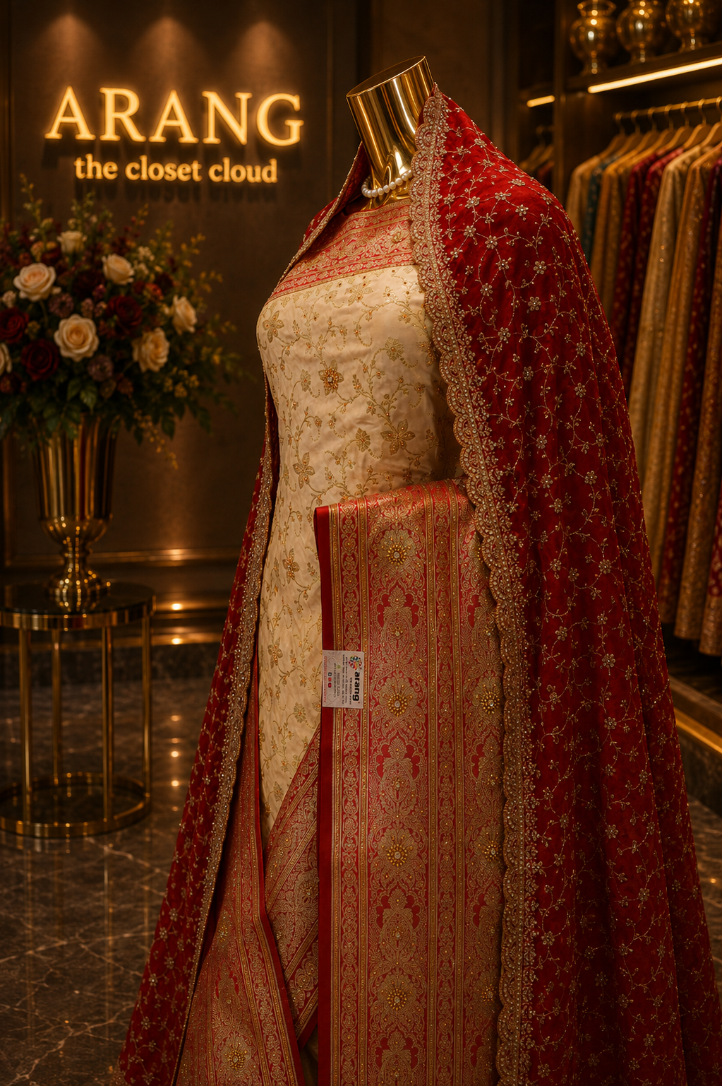 "The Pure Ivory & Crimson Red" Banarasi Silk Saree with Bridal Veil