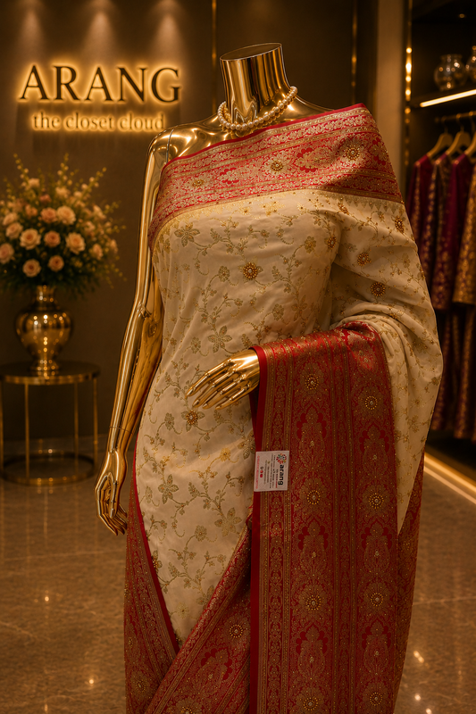 "The Pure Ivory & Crimson Red" Banarasi Silk Saree