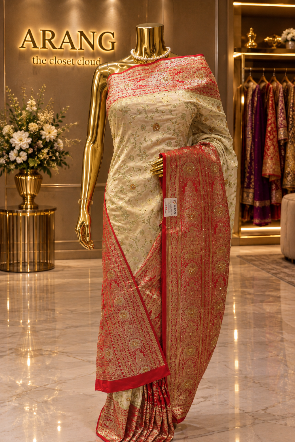"The Pure Ivory & Crimson Red" Banarasi Silk Saree