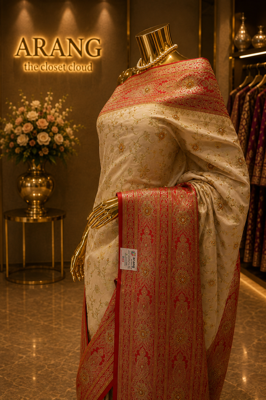 "The Pure Ivory & Crimson Red" Banarasi Silk Saree
