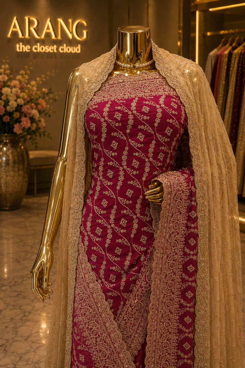 "The Dusty Magenta Duet" Designer Georgette Saree with Veil