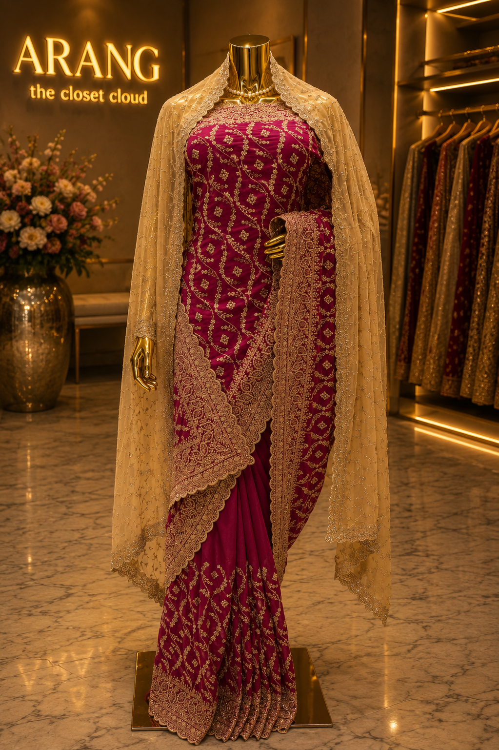 "The Dusty Magenta Duet" Designer Georgette Saree with Veil