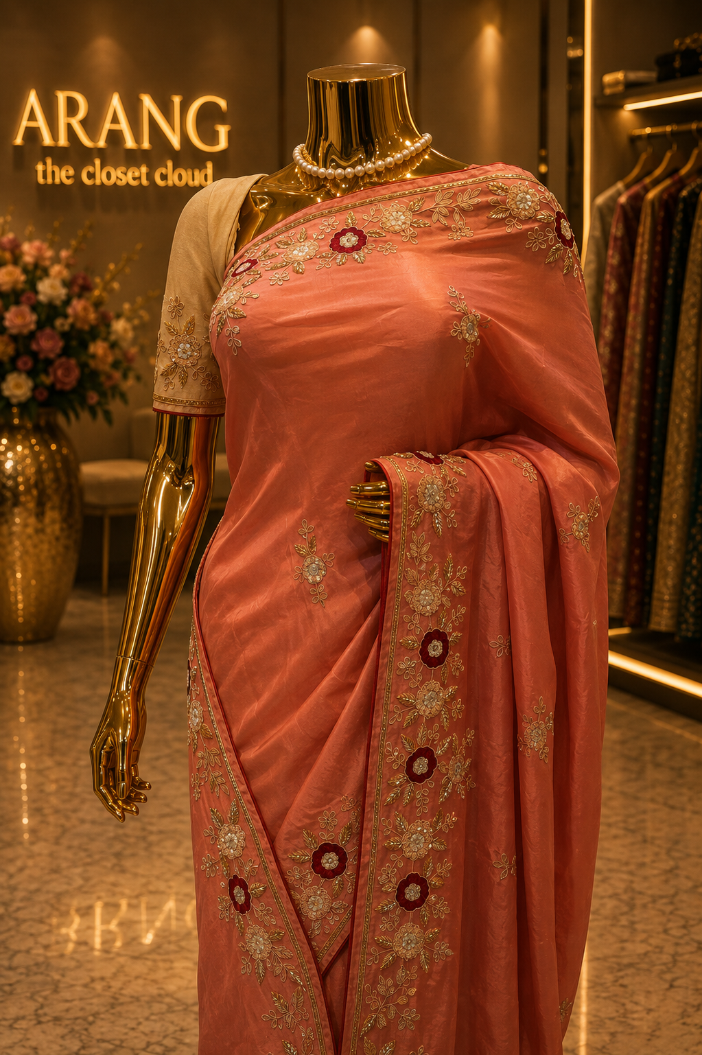 The Exquisite Coral Pink” Premium Designer Saree