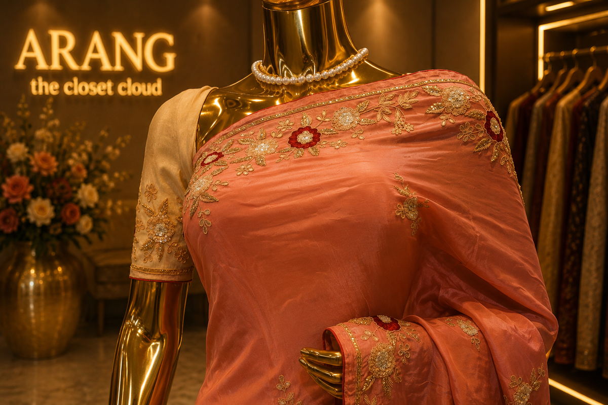 The Exquisite Coral Pink” Premium Designer Saree