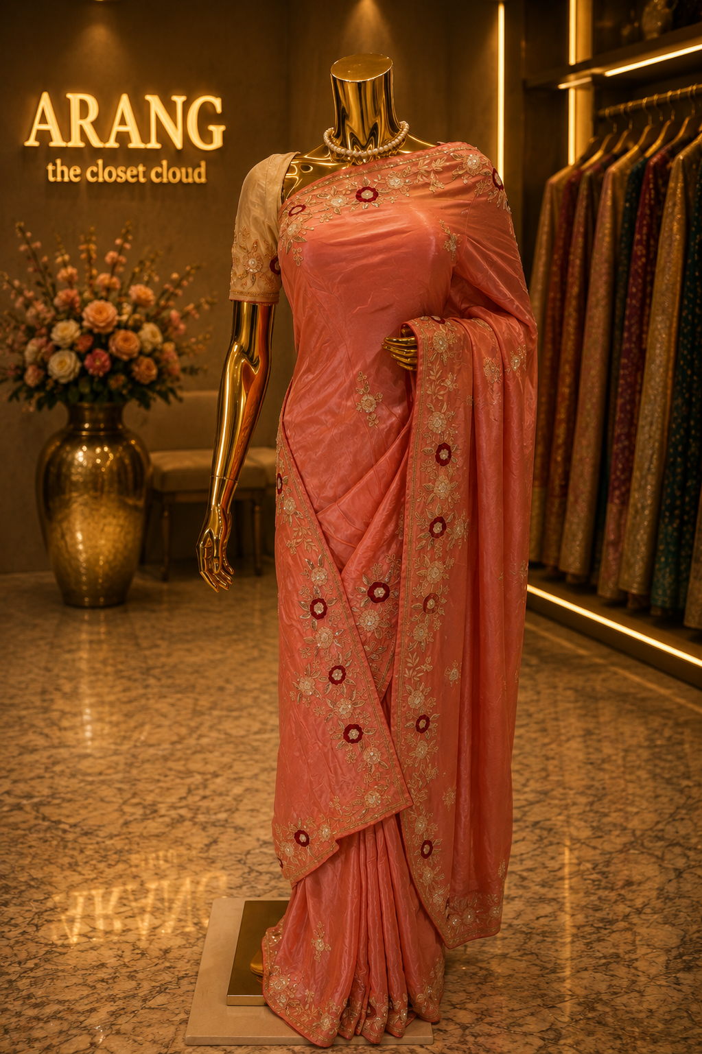 The Exquisite Coral Pink” Premium Designer Saree