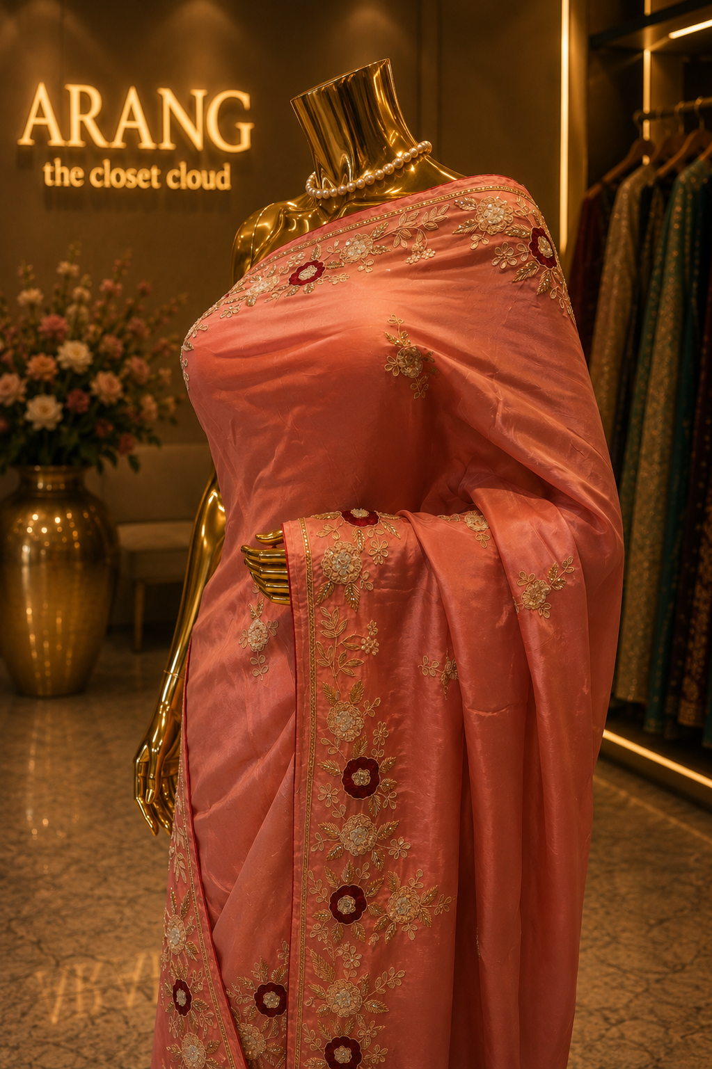 The Exquisite Coral Pink” Premium Designer Saree