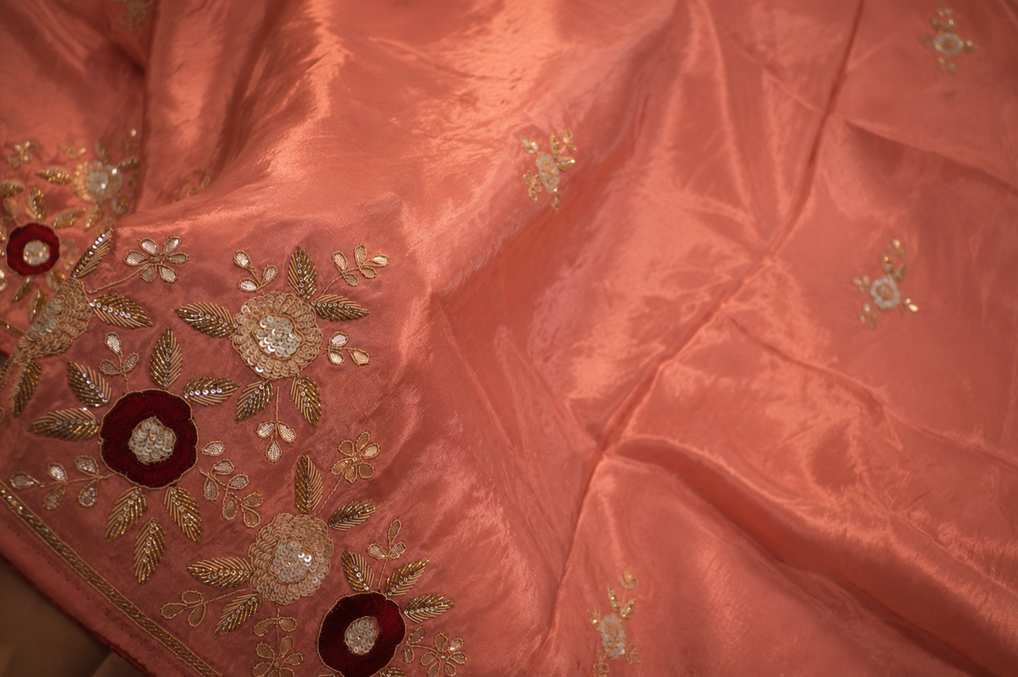 The Exquisite Coral Pink” Premium Designer Saree