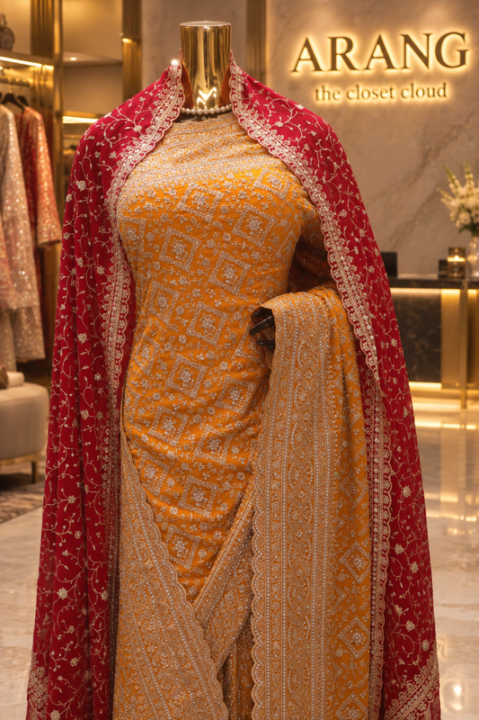 "The Brilliant Yellow" Premium Designer Saree with Veil