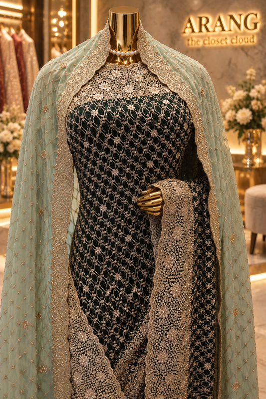 "The Royal Emerald Green" Premium Designer Saree With Veil