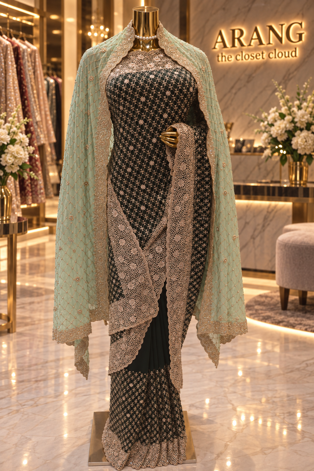 "The Royal Emerald Green" Premium Designer Saree With Veil
