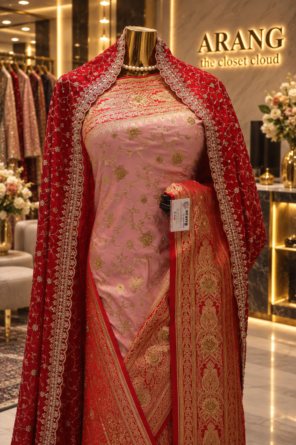 "The Luxury Pastel Pink & Crimson Red" Premium Banarasi Silk Saree with Bridal Veil