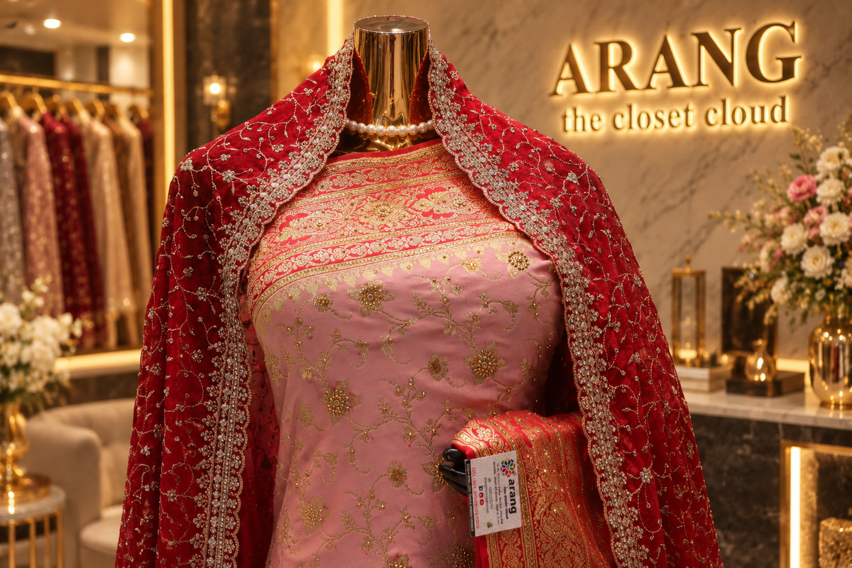 "The Luxury Pastel Pink & Crimson Red" Premium Banarasi Silk Saree with Bridal Veil