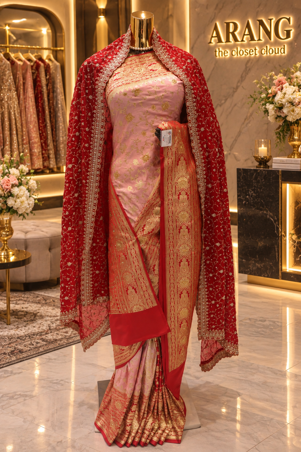 "The Luxury Pastel Pink & Crimson Red" Premium Banarasi Silk Saree with Bridal Veil