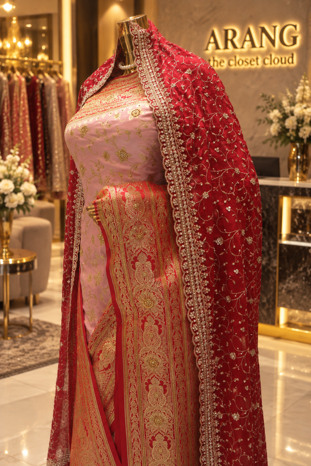 "The Luxury Pastel Pink & Crimson Red" Premium Banarasi Silk Saree with Bridal Veil