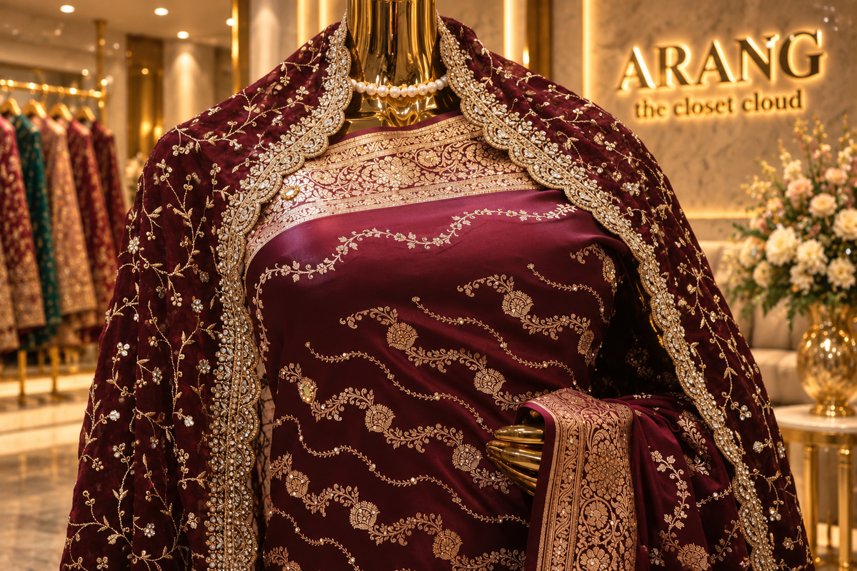 "The Royal Maroon" Premium Banarasi Silk Bridal Saree with Veil