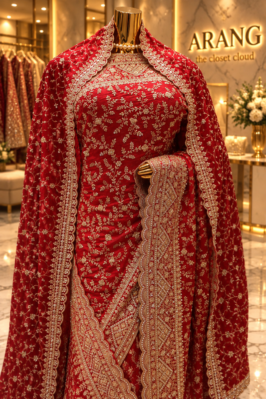 "The Luxury Crimson Red" Premium Bridal Saree with Veil