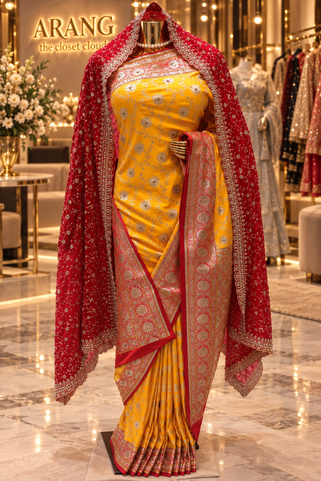 The Luxury Haldi Yellow" Premium Banarasi Silk Saree With Veil