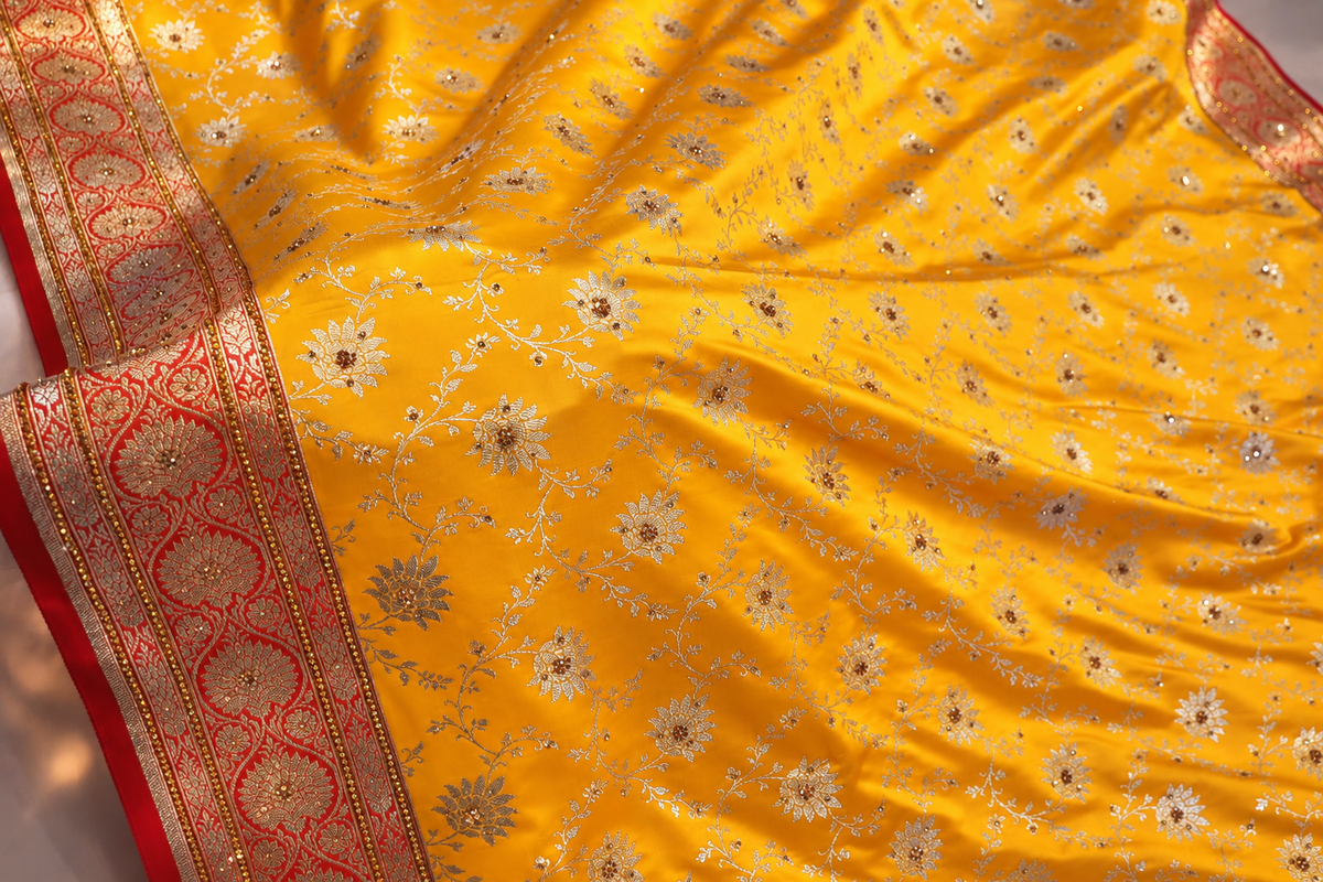 The Luxury Haldi Yellow" Premium Banarasi Silk Saree With Veil