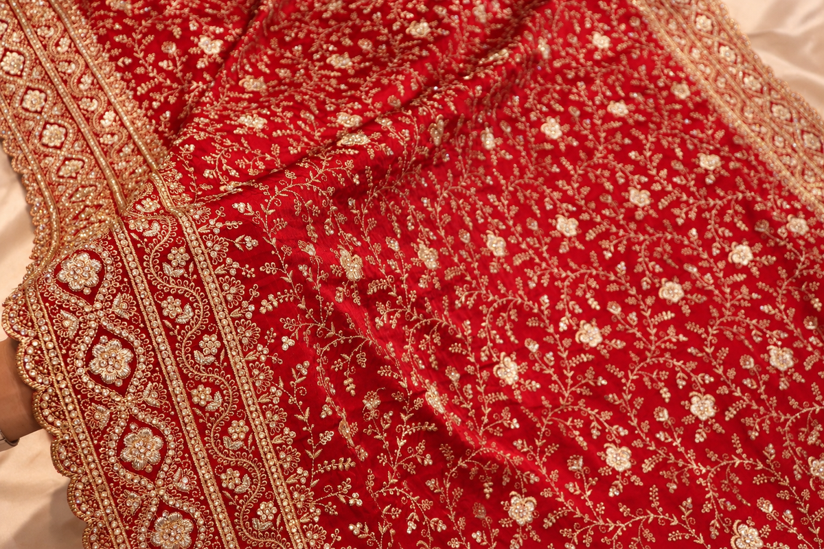 "The Luxury Bridal Red" Premium Bridal Saree With Veil