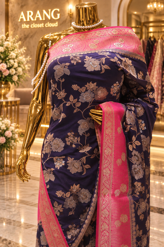 "The Royal Navy Blue" Premium Banarasi Crepe Silk Saree