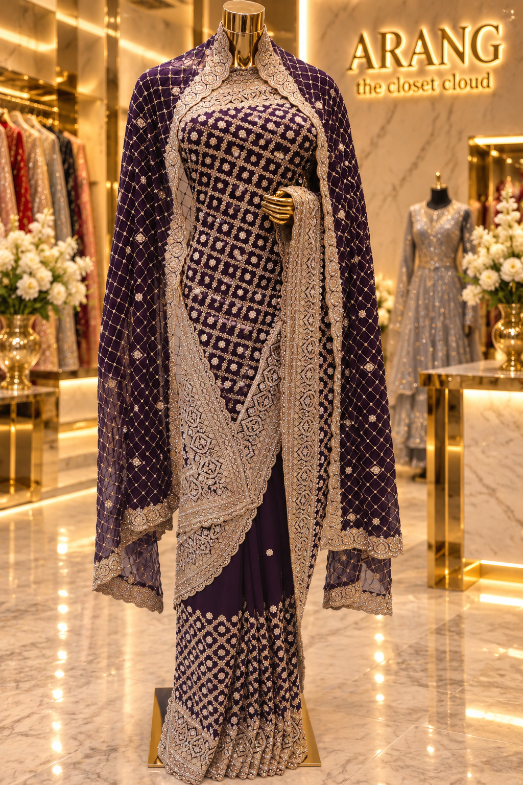 "The Luxury Deep Plum" Premium Designer Saree with Veil