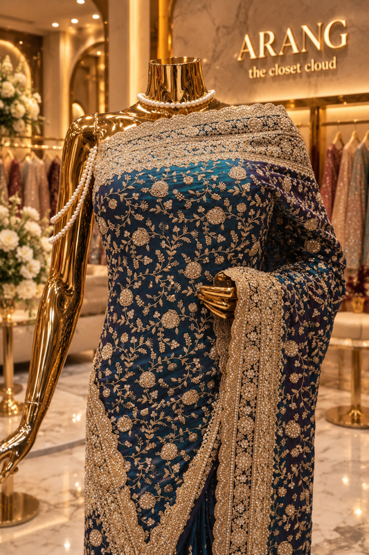 "The Deep Peacock Teal Blue" Premium Designer Saree