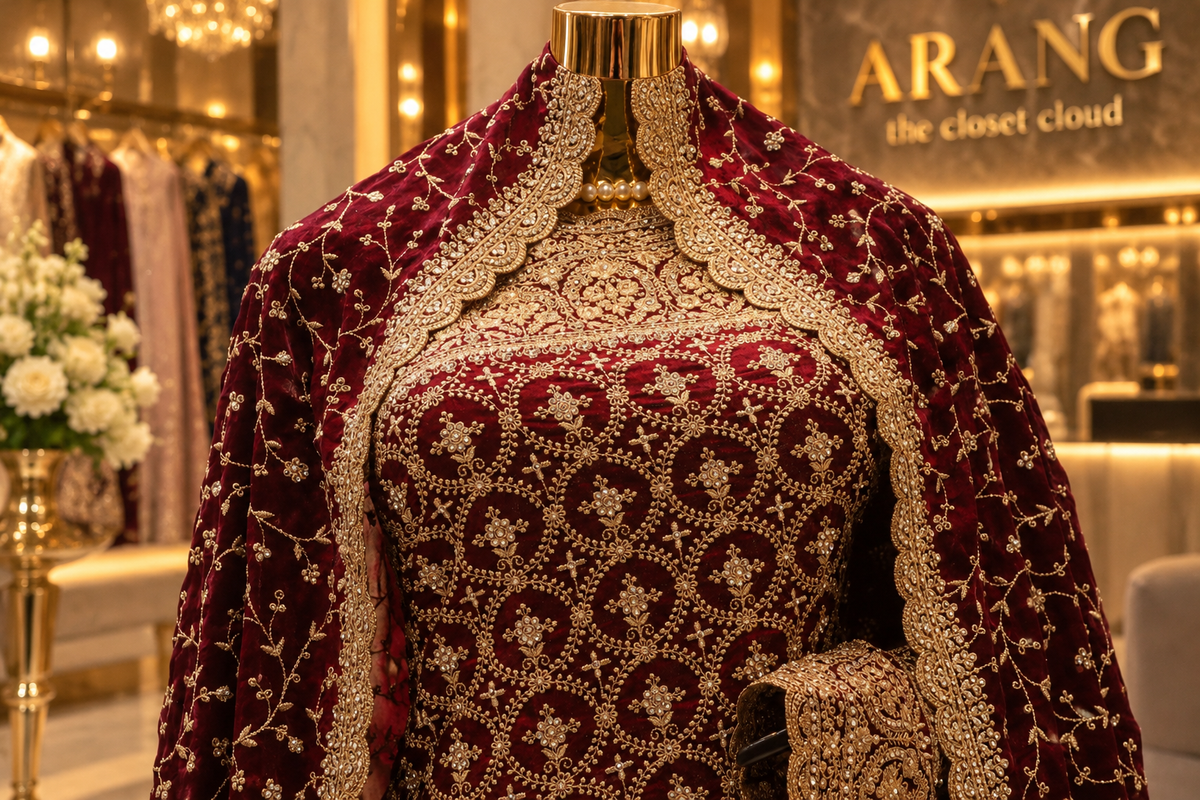 "The Royal Maroon Velvet" Premium Bridal Saree With Veil