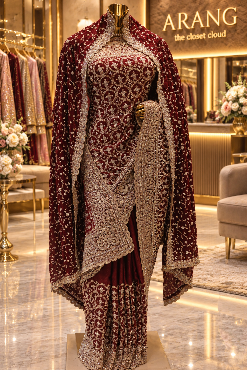 "The Royal Maroon Velvet" Premium Bridal Saree With Veil
