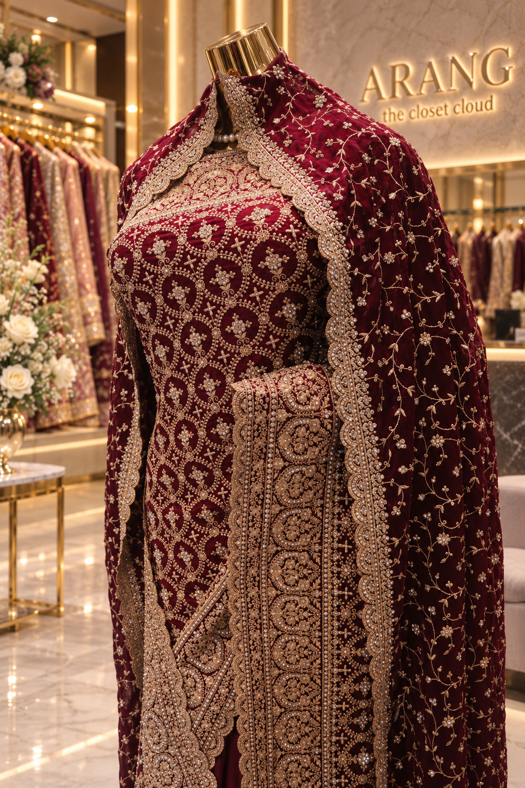 "The Royal Maroon Velvet" Premium Bridal Saree With Veil