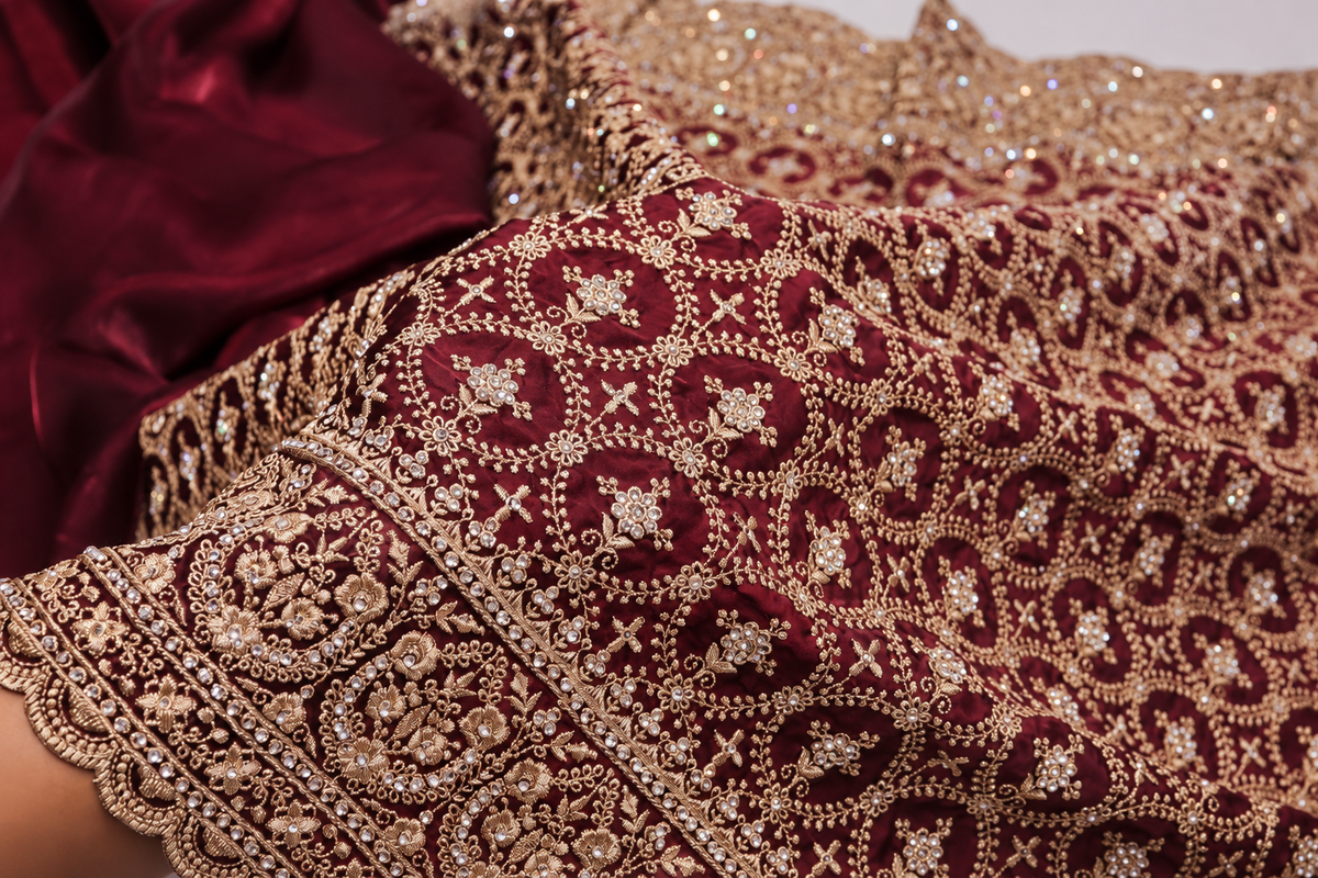 "The Royal Maroon Velvet" Premium Bridal Saree With Veil