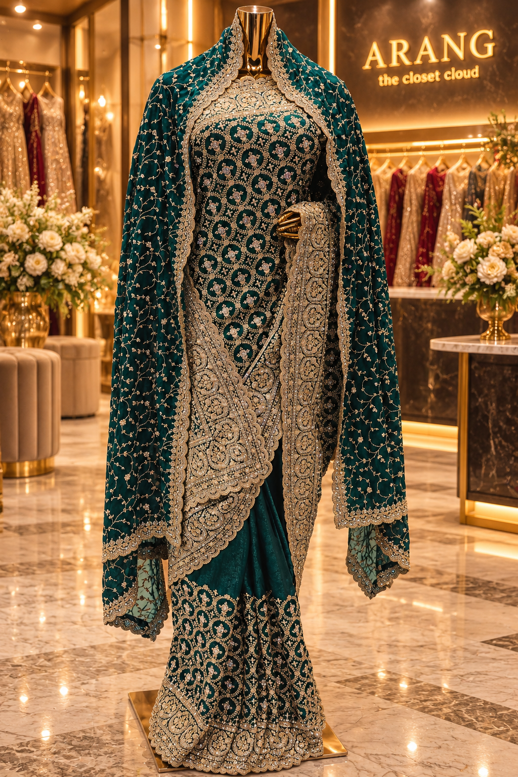 "The Royal Emerald Green" Premium Designer Saree with Veil