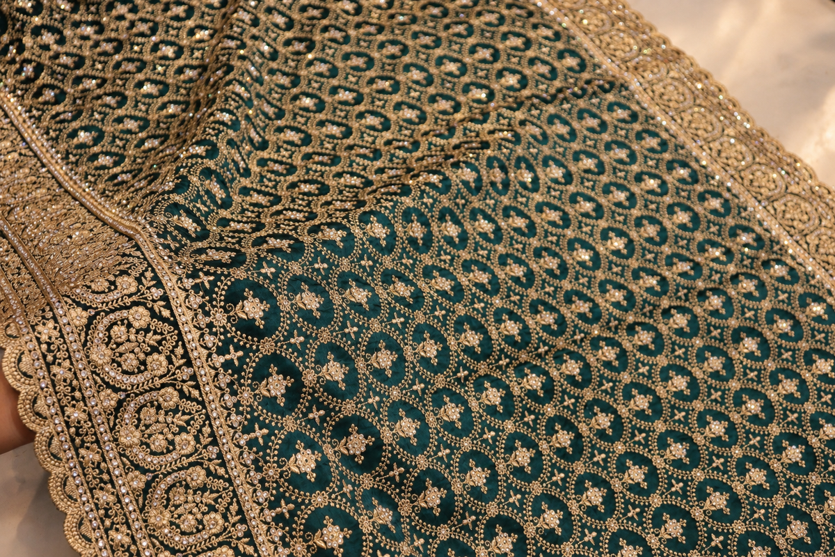 "The Royal Emerald Green" Premium Designer Saree with Veil