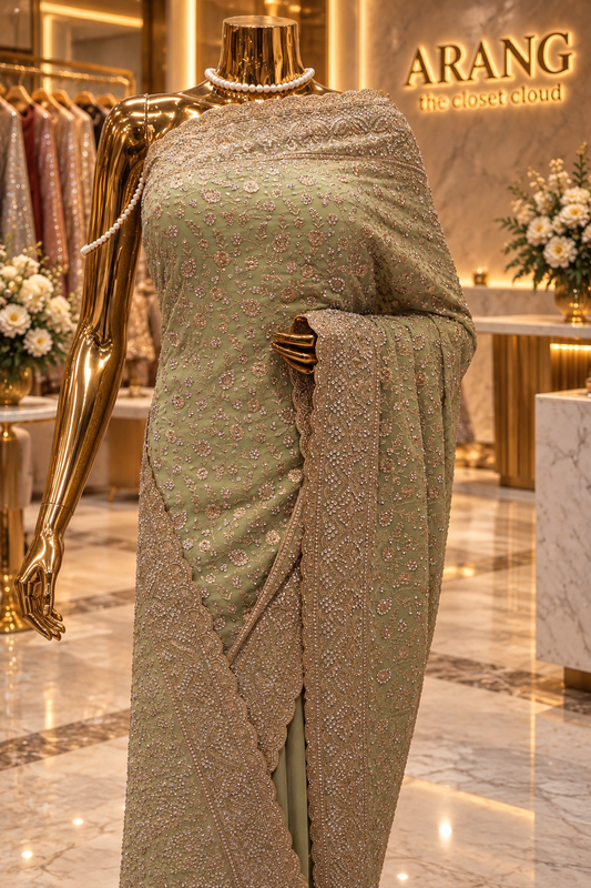 "The Elegant Sage Green" Premium Designer Saree